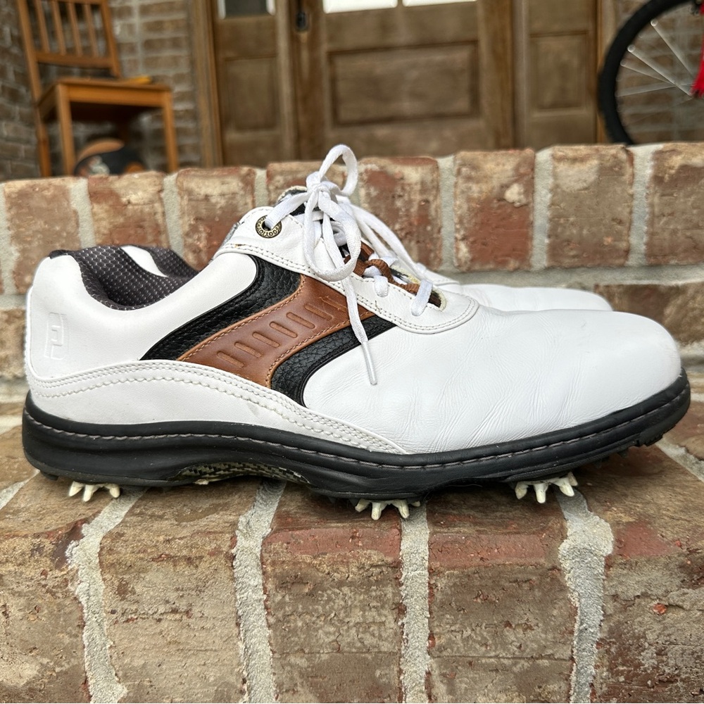 FJ FootJoy Men's Contour Leather Golf Shoes White Black Brown Size 12 Extra Wide - Picture 2 of 11